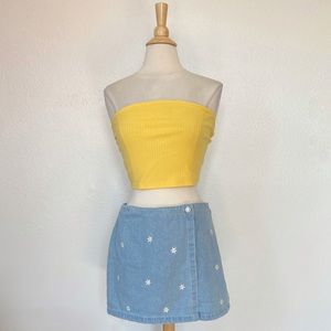 Solid Yellow Cropped Stripe Textured Tube Top